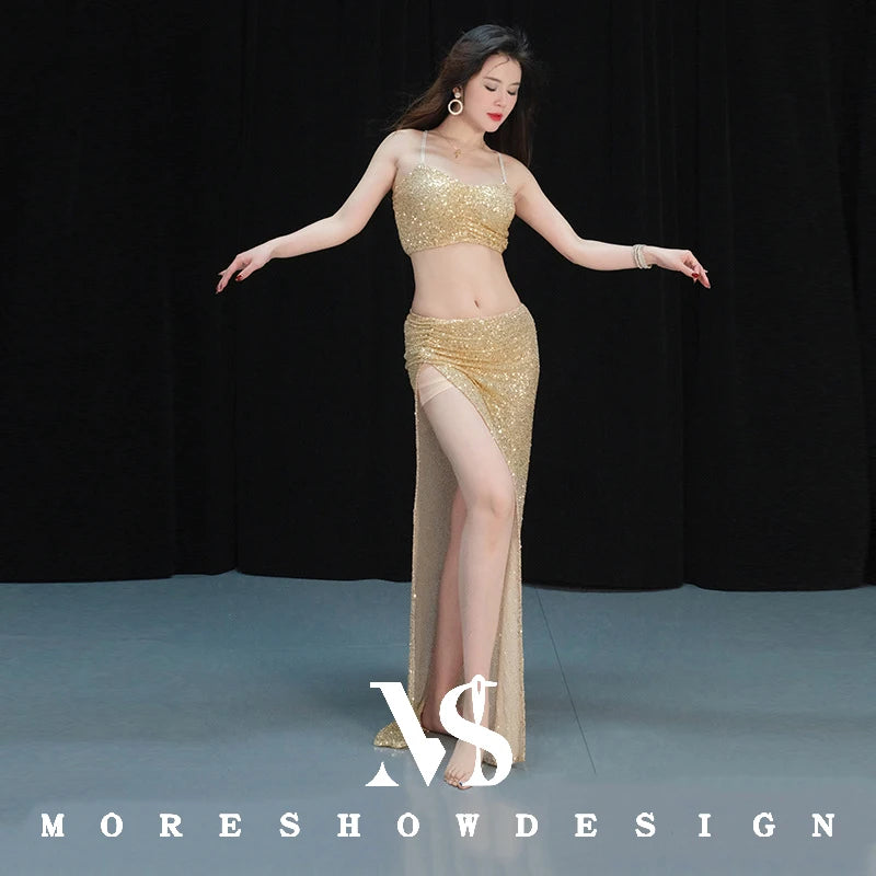 Belly Dance Costumes Set for Women Lotus Leaf Ribbon Dance Wear Top + SKirt Long Sleeve Outfits Stage Performance Clothings Suit