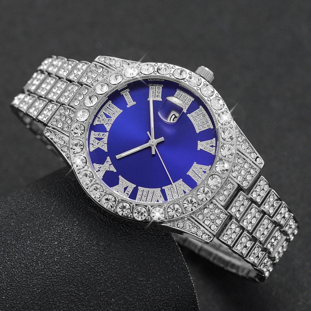 1PC Surprise Mystery Watch Blind Box-Fashion Full Diamond Men's Watch Stainless Steel Band Quartz Wristwatches Calendar Watches