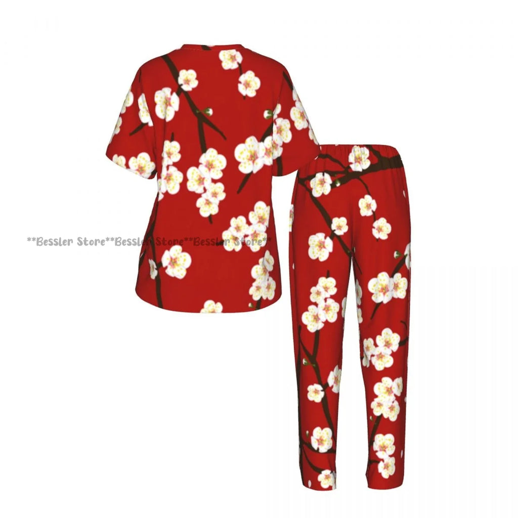Women's Blossom Cherry Flower Background short sleeve trousers casual pajamas set