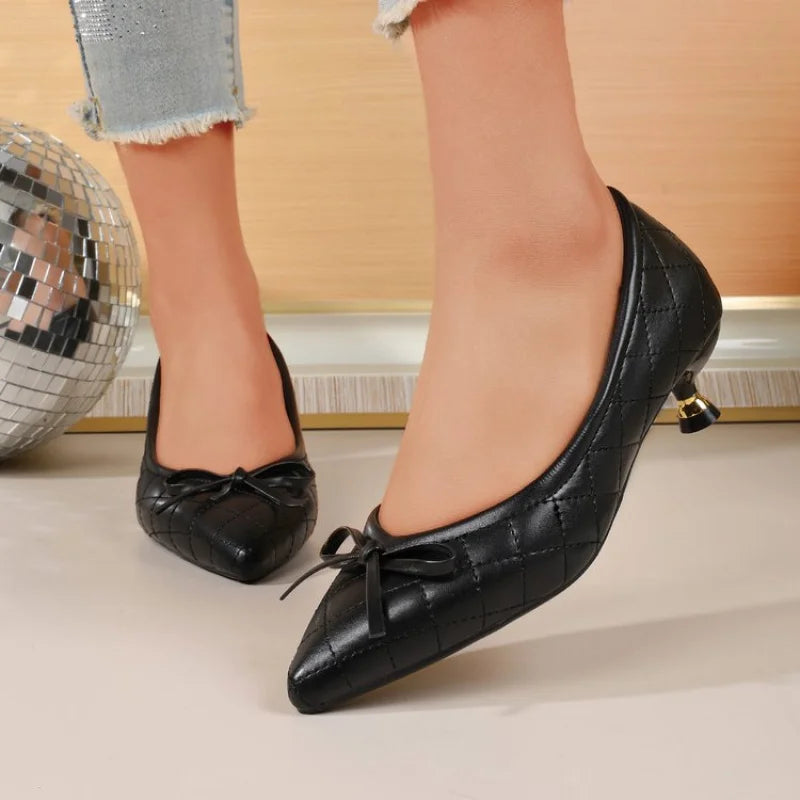 Vintage Women's Pointed Toe Bow Kitten Heels Pumps, Quilted Stiletto Heels for Office & Daily, Sexy Work Shoes Plus Size Leather