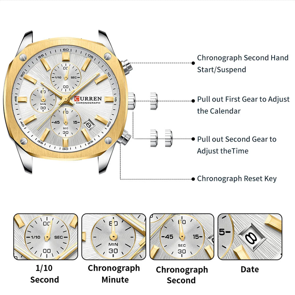 CURREN Modern Men's 42mm Sport Watch - Stainless Steel Band Chronograph & Date,Glow-in-the-Dark Hands, Casual Quartz Wristwatch