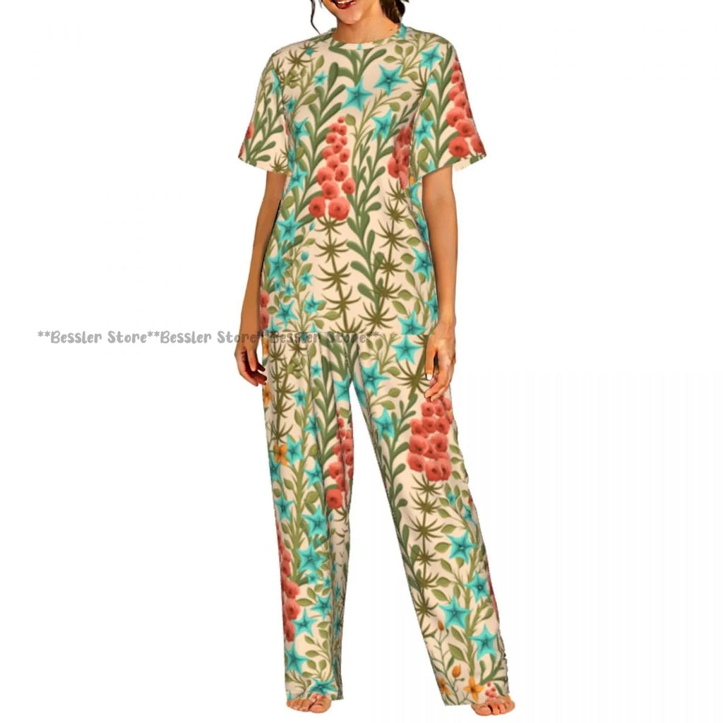 Women's Pajama Set Blue Hydrangeas And Daisies Floral Butterflies Short Sleeve Sleepwear 2 Piece Homewear Loungewear