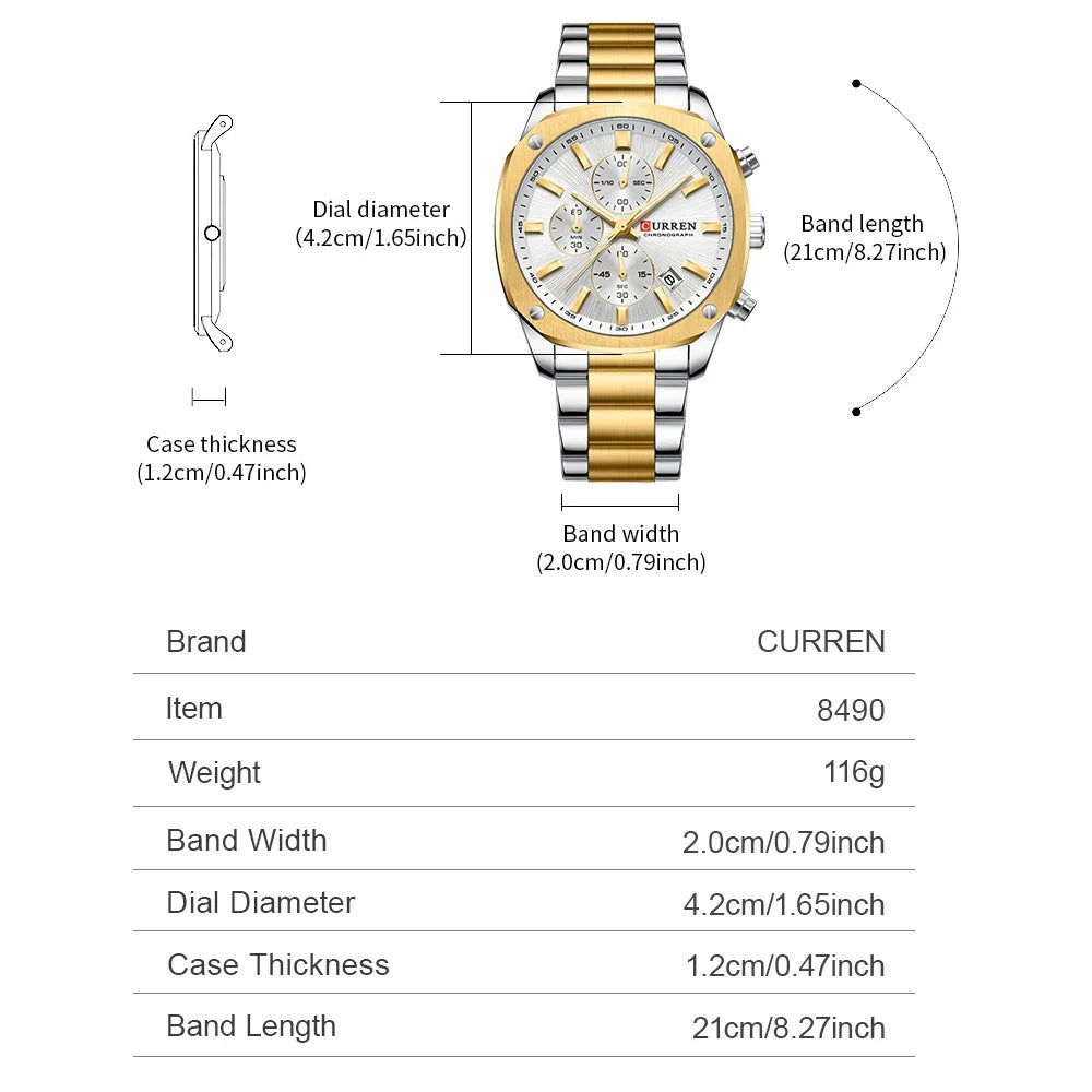CURREN Modern Men's 42mm Sport Watch - Stainless Steel Band Chronograph & Date,Glow-in-the-Dark Hands, Casual Quartz Wristwatch
