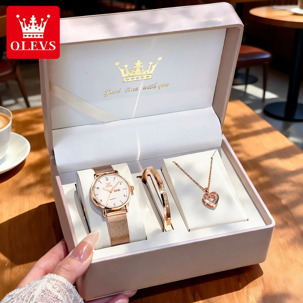 OLEVS 2996 Women Watches Original Elegant Slim Quartz Watch Waterproof Dual Calendar Display Watches For Woman Gift Box Reloj