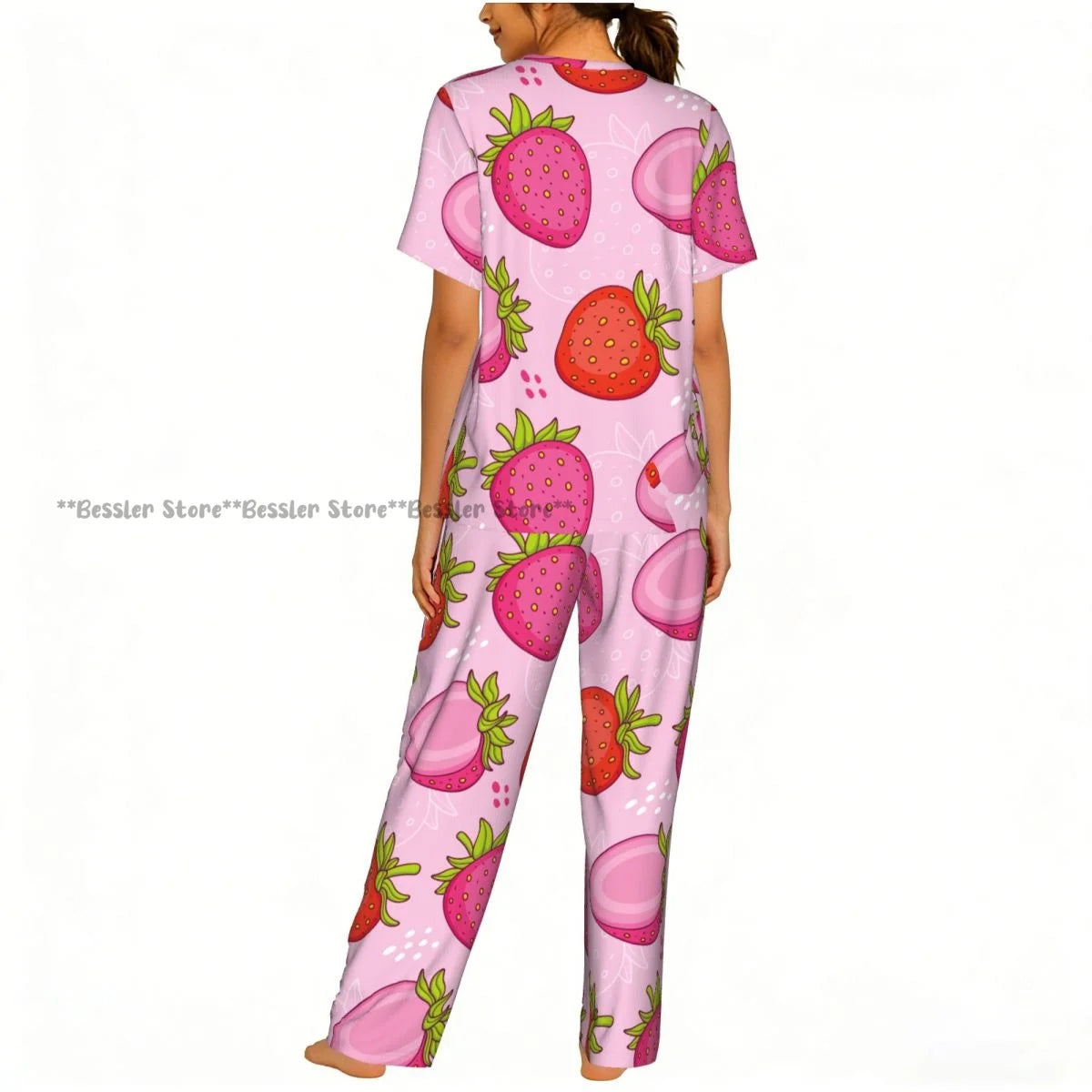 Women's Pink Strawberries short sleeve trousers casual pajamas set