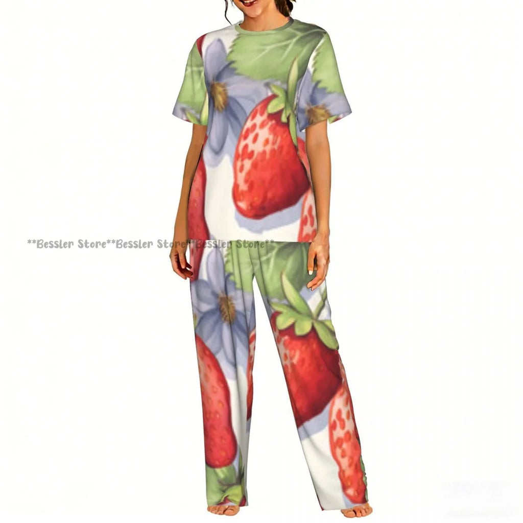 Women's 2-piece set Watercolor Strawberries Pajamas Short sleeved Top and Pants Sleepwear