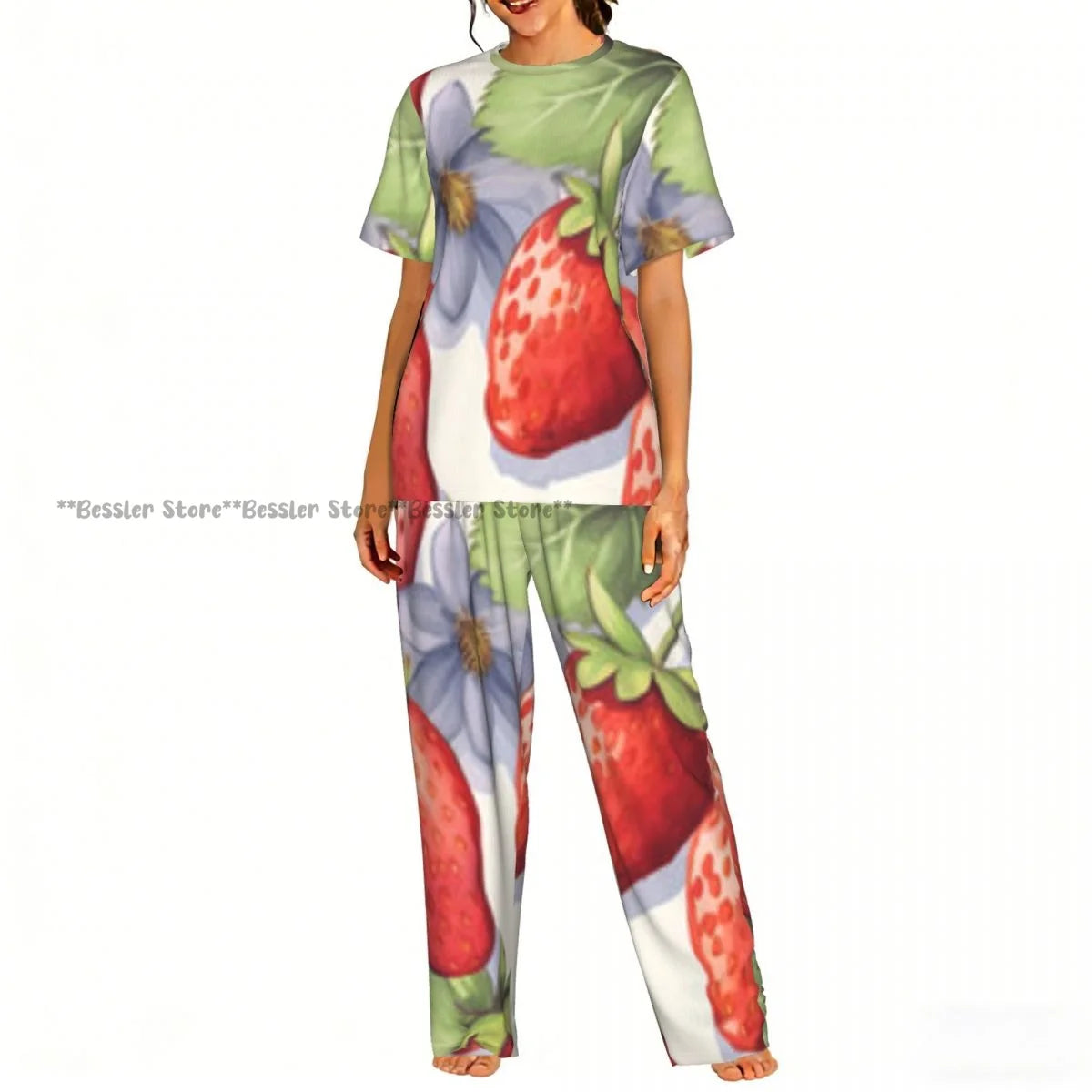 Women's 2-piece set Watercolor Strawberries Pajamas Short sleeved Top and Pants Sleepwear