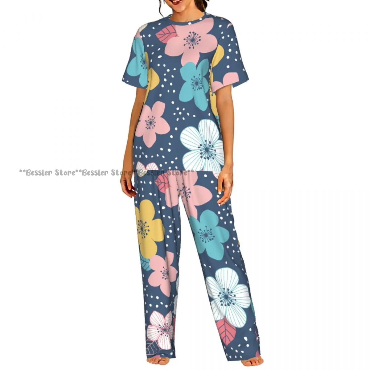 Women's Pajama Set Blue Hydrangeas And Daisies Floral Butterflies Short Sleeve Sleepwear 2 Piece Homewear Loungewear