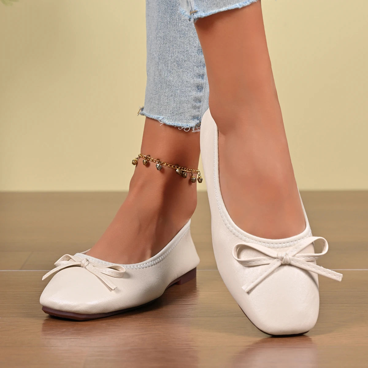2026 Spring New Bowknot Soft Sole Flats, Small Square Toe Shallow Comfortable Egg Roll Shoes, Versatile Commuter Flat Shoes