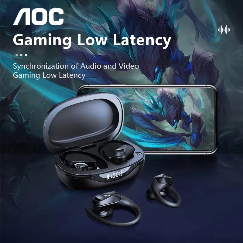 Choice AOC Sports Wireless Bluetooth 6.0 Earphones Waterproof LED Battery Display Gaming Low Latency LP75