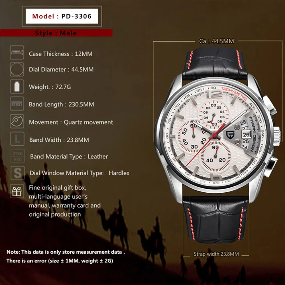 PAGANI DESIGN New PD-3306 Chronograph Men Watch Top Brand Classic Leather Waterproof Quartz Wristwatch for Man Gift Reloj Hombre