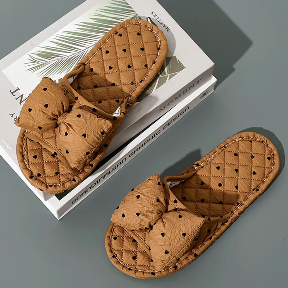Fashion Women Slippers Soft Bottom Cotton Floral Floor Shoes Indoor Slippers Antislip Home Shoes Cute Bow Bedroom Slippers