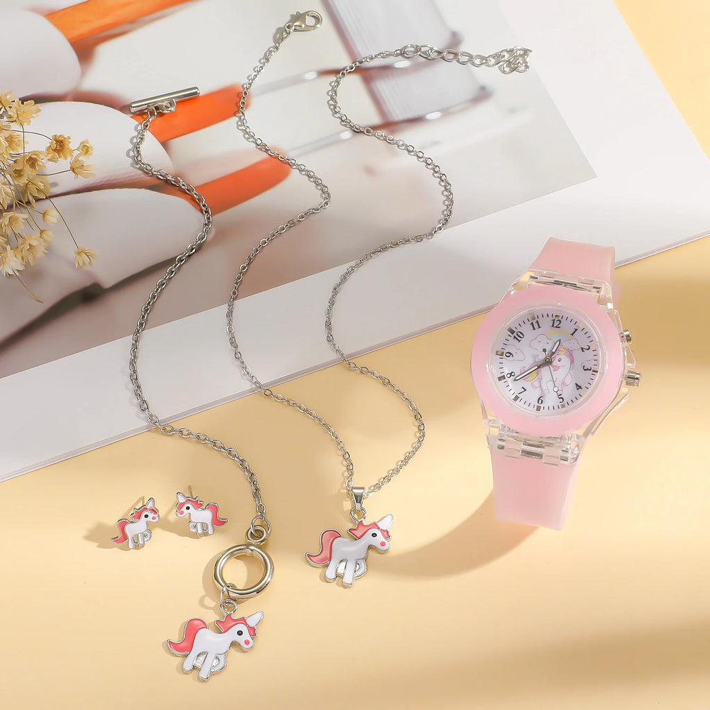 Four-piece set of unboxed watches and pink ponies for girls, suitable for festivals and birthday gifts