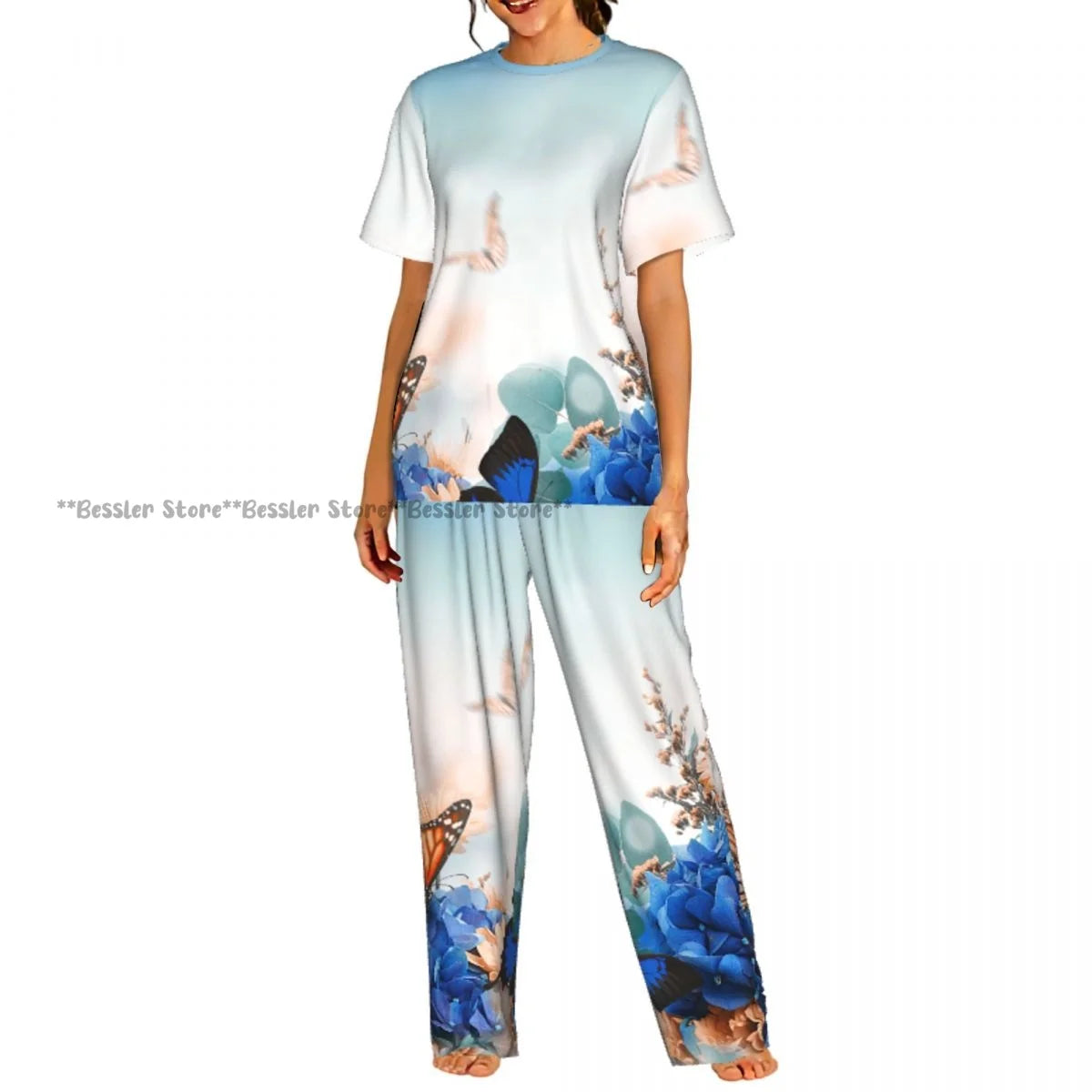 Women's Pajama Set Blue Hydrangeas And Daisies Floral Butterflies Short Sleeve Sleepwear 2 Piece Homewear Loungewear