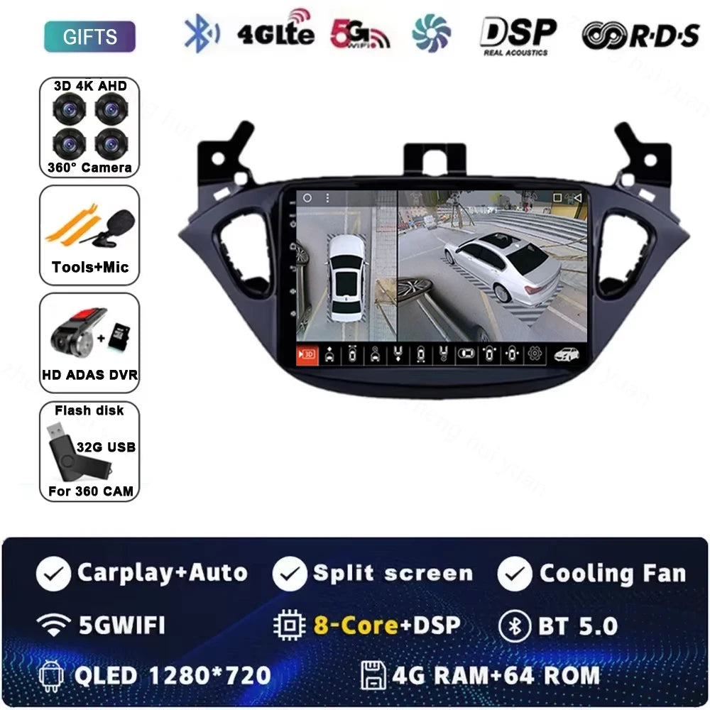 Android 15 for Opel Corsa E 2014 - 2019 Car Radio Audio Multimedia GPS Navigation Stereo System Carplay Auto WIFI 4G DSP
