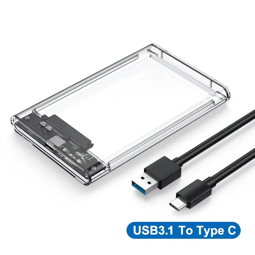 HDD Enclosure 2.5 SATA SSD External Hard Drive Case with 5Gbps USB 3.0 To Type C Transfer Speed Clear Harddisk Box Tool-Free