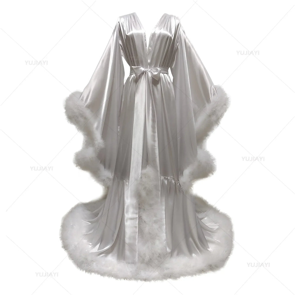 Customized Bathrobe for Women Flare Sleeves Feather Bridal Robe Nightgown Silk Long Wedding Scarf Dress Gown Photography Dress