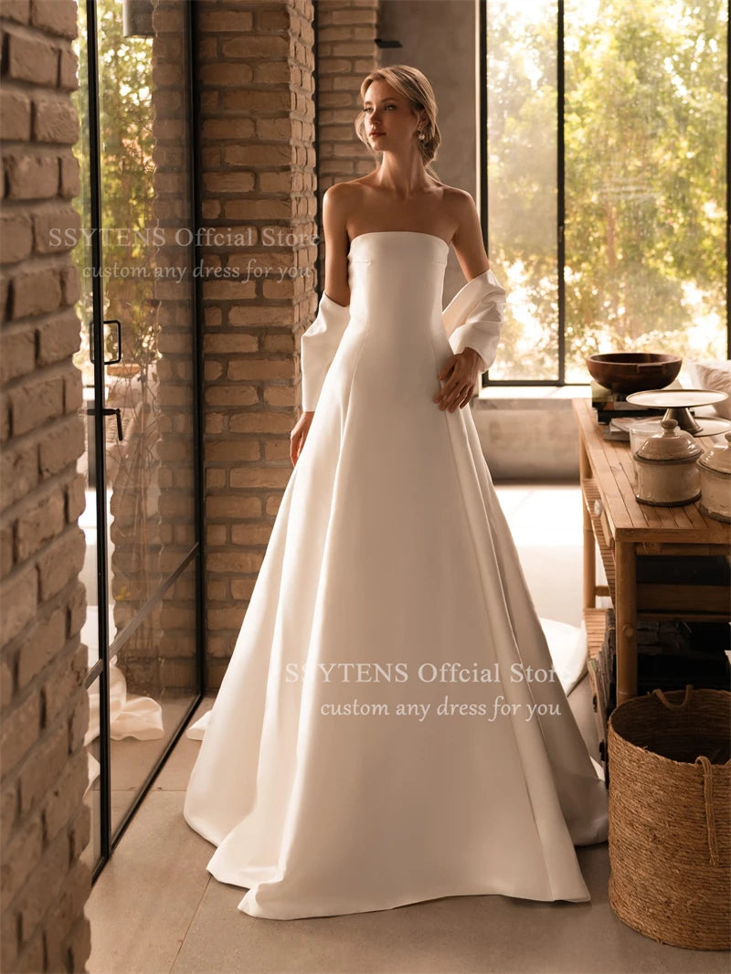 SSYTENS Elegant Ivory Satin Wedding Dresses A-Line Strapless Pleated Fairy Bride Prom Gown 2026 Bridal Gowns Vintage Customized