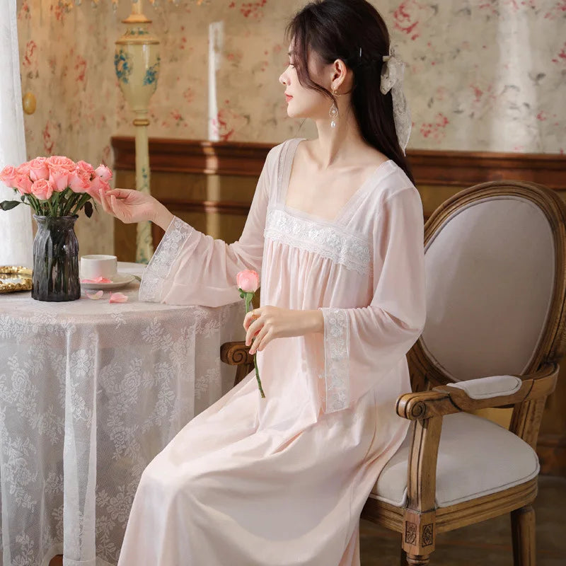 Long Sleeve Nightgown Cotton Spring Square Collar Chinese Style Temperament Sleepwear Breathable and Soft Home Wear Autumn