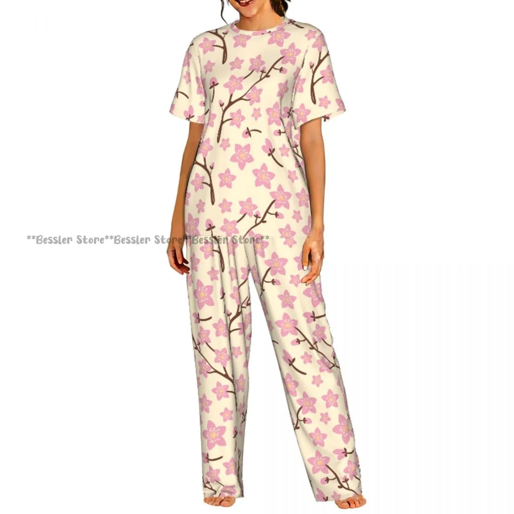 Women's Blossom Cherry Flower Background short sleeve trousers casual pajamas set