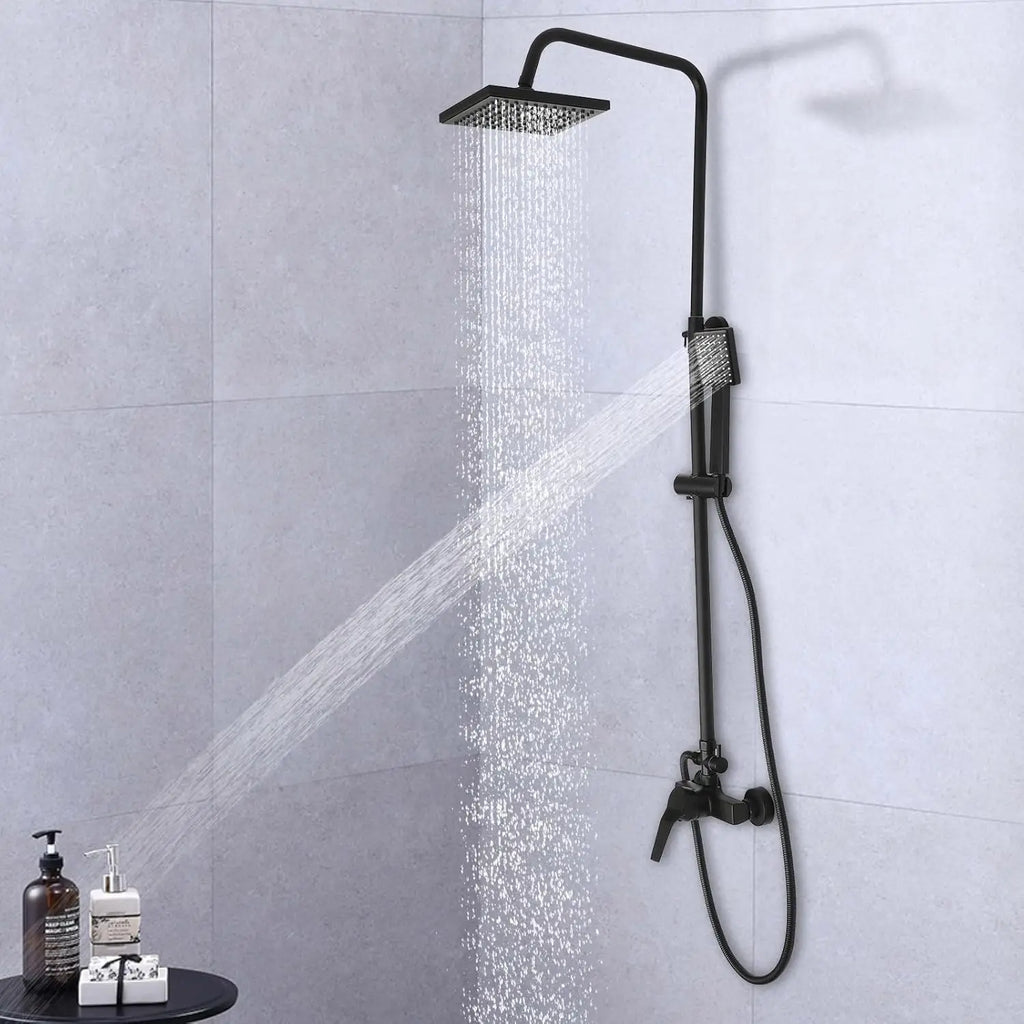 Shower system w/ handheld showerhead,rainfall shower faucet,shower rod,shower column,black color,wall-mounted,height adjustable