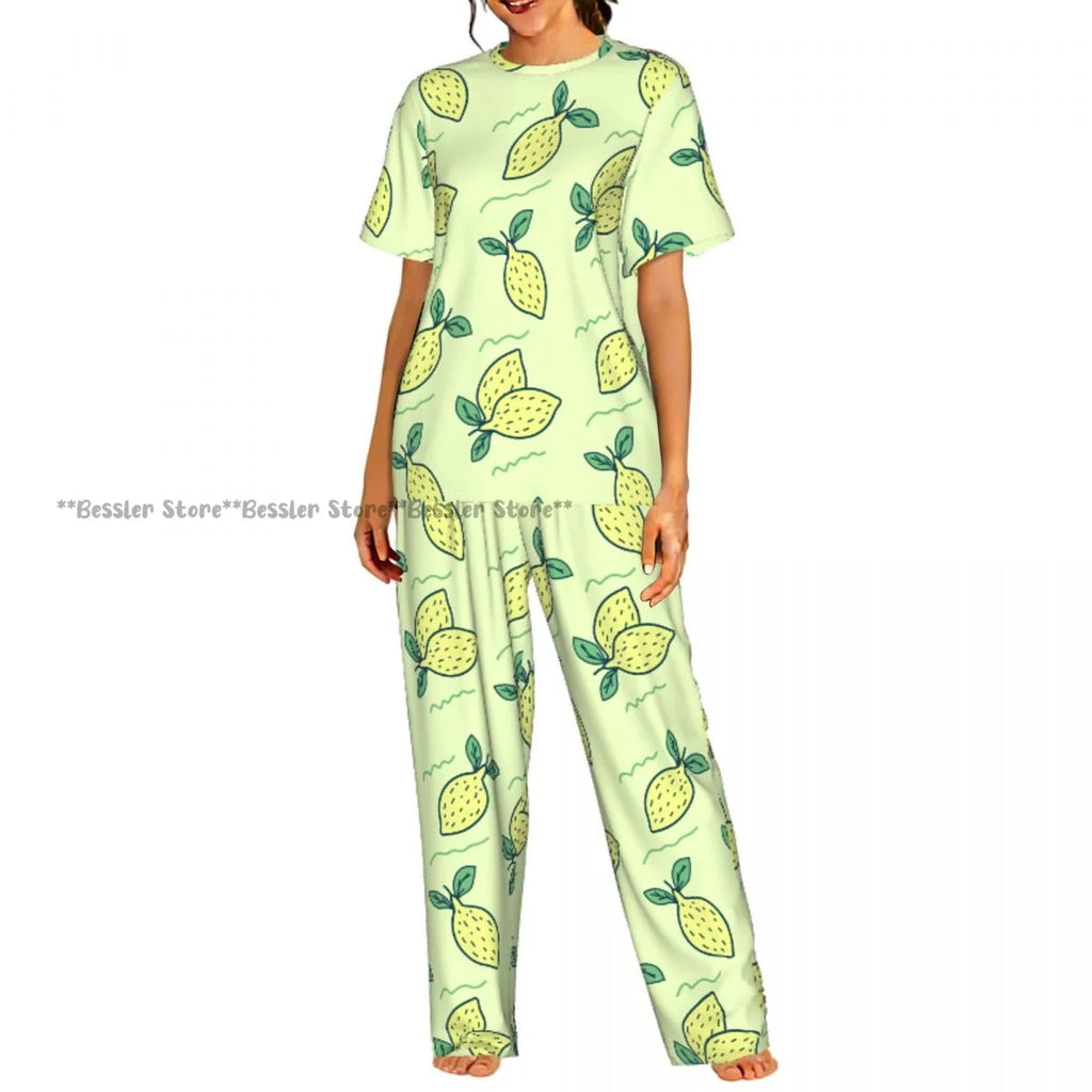 Women's Comfort Pajamas Women's Lemon Leaves Pattern Short Sleeve Set Sleepwear