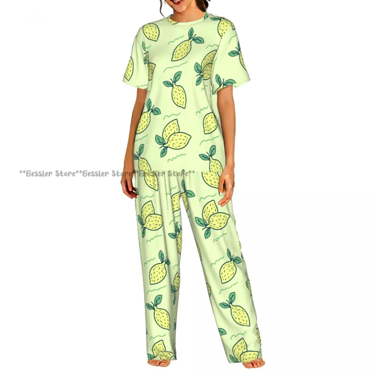 Women's Comfort Pajamas Women's Lemon Leaves Pattern Short Sleeve Set Sleepwear