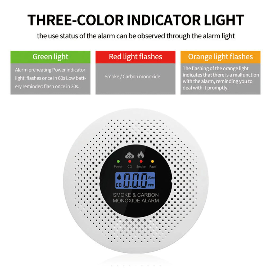 Smoke and Carbon Monoxide Detector with LCD Display, 2-in-1 Fire Alarm and Smoke Detector, Battery-Powered for House, Apartment, Kitchen