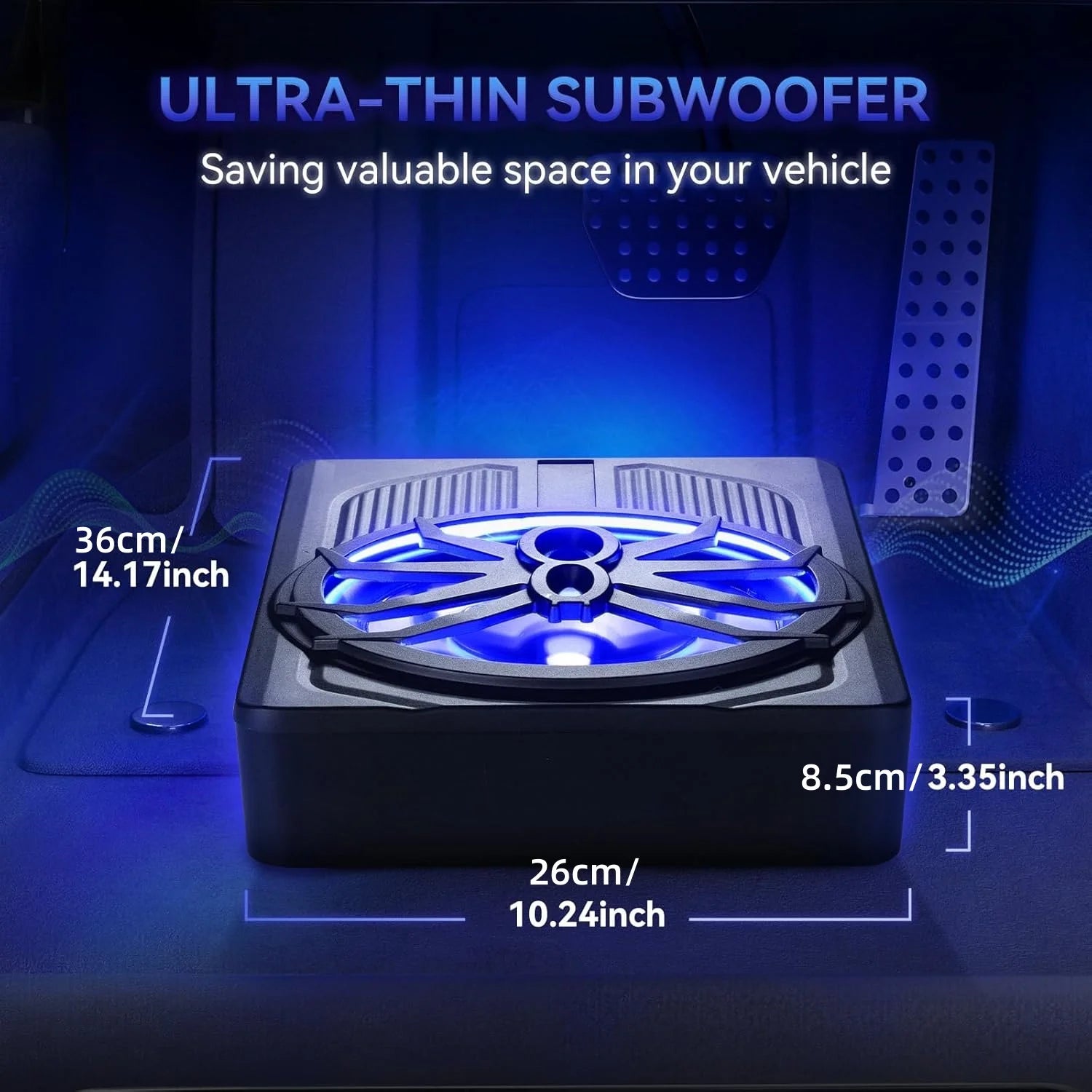Car Subwoofer Amplifier, Ultra-thin 10" Large-caliber 800W Stereo Surround Sound Built-in Amplifier with Blue LED Ambient Light