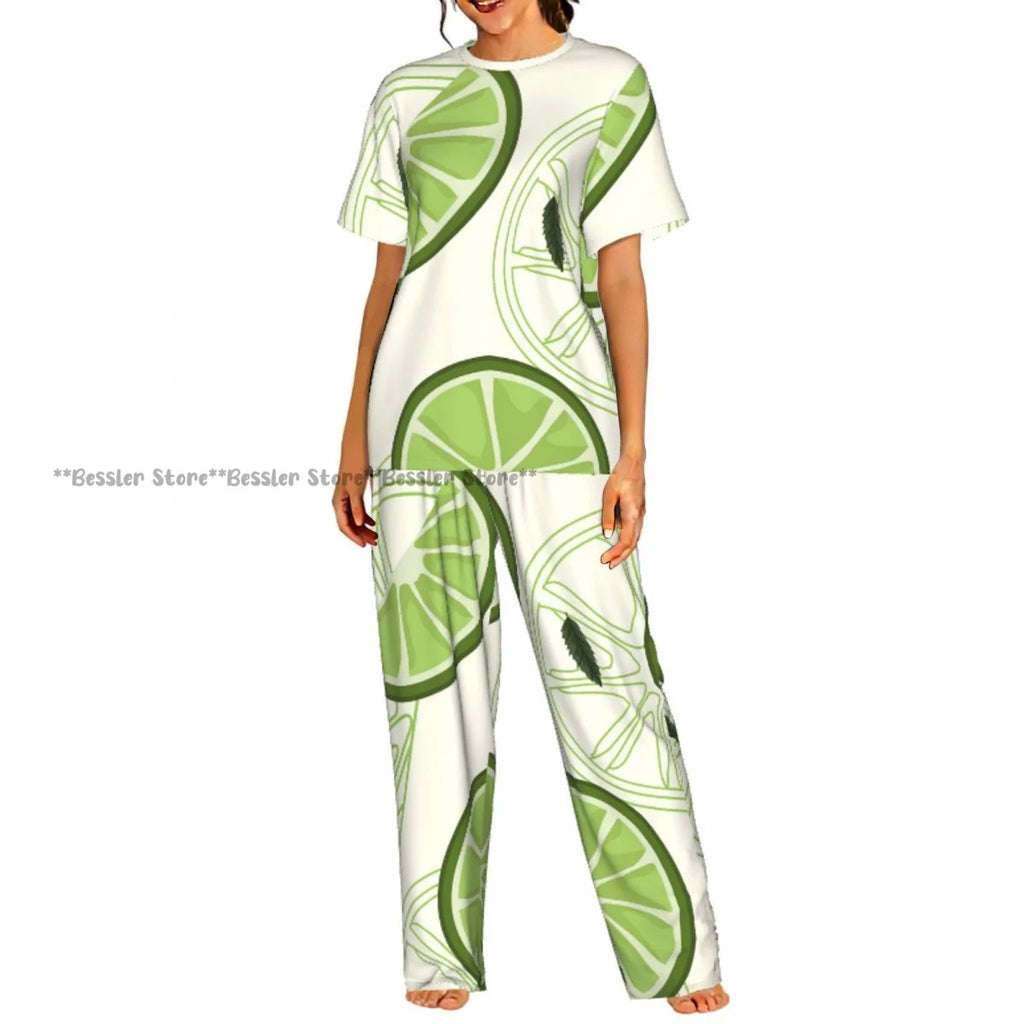 Women's Comfort Pajamas Women's Lemon Leaves Pattern Short Sleeve Set Sleepwear