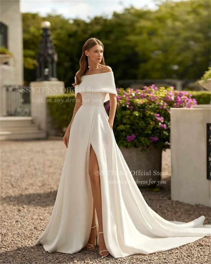 SSYTENS Off Shoulder Long Satin Wedding Dresses Elegant Floor Side Slit A-Line Gown For Bride Customized Boho Vestidos De Novia