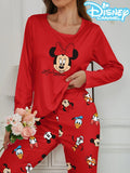 Women's pajama set with cute Disney Minnie prints, long-sleeved top and pants, comfortable for home or outdoor wear