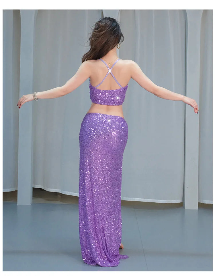 Belly Dance Costumes Set for Women Lotus Leaf Ribbon Dance Wear Top + SKirt Long Sleeve Outfits Stage Performance Clothings Suit