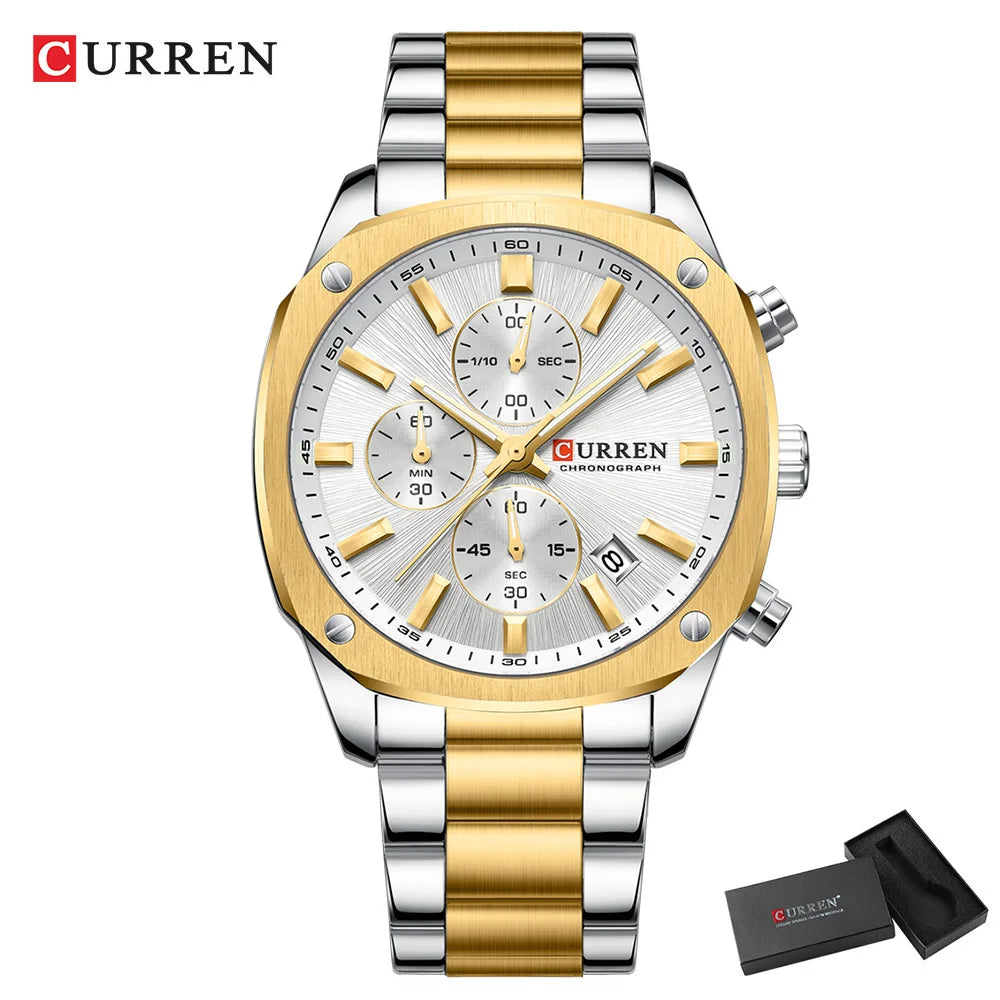 CURREN Modern Men's 42mm Sport Watch - Stainless Steel Band Chronograph & Date,Glow-in-the-Dark Hands, Casual Quartz Wristwatch
