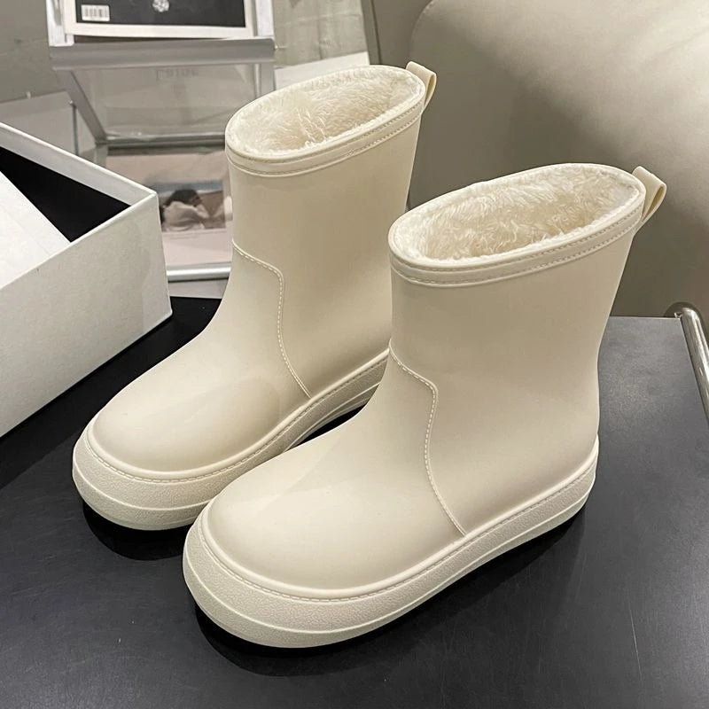 Heated Winter Mid Calf Rain Boots Insulated Cotton Thick Sole Nonslip Waterproof Durable Solid Color Women's Rain Shoes