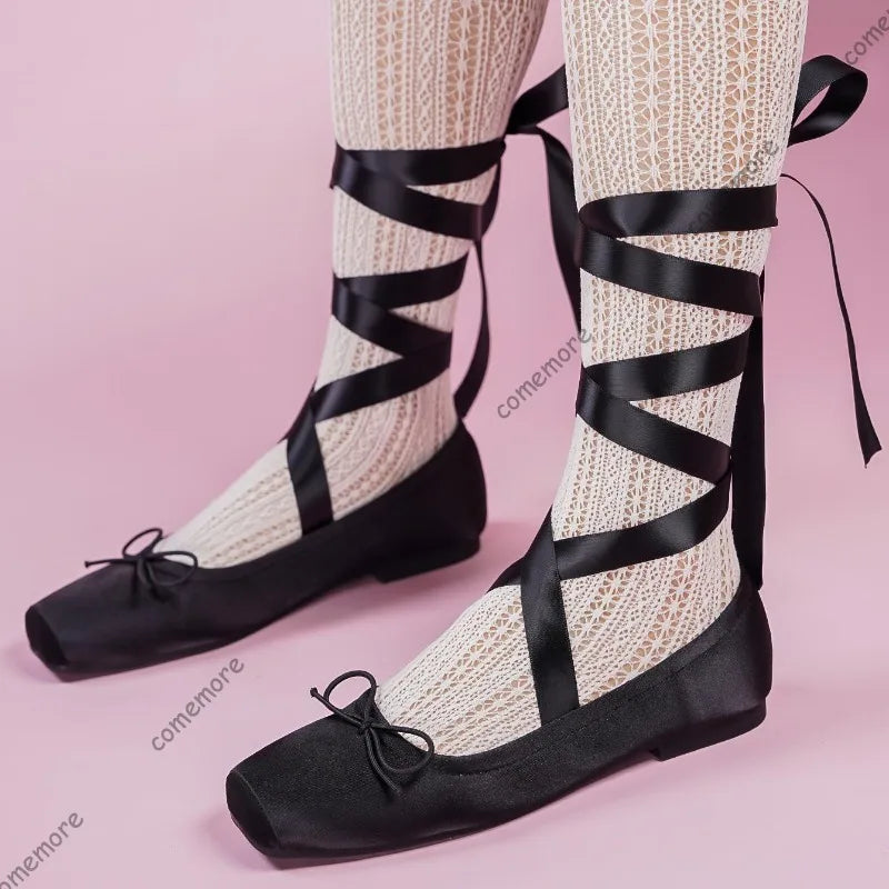 Women's Satin Ribbon Tie Ballet Flats Square Toe Ankle Wrap Lace-Up Shoes Lolita Shoes for Ladies Soft Sole Bow Fashion Footwear