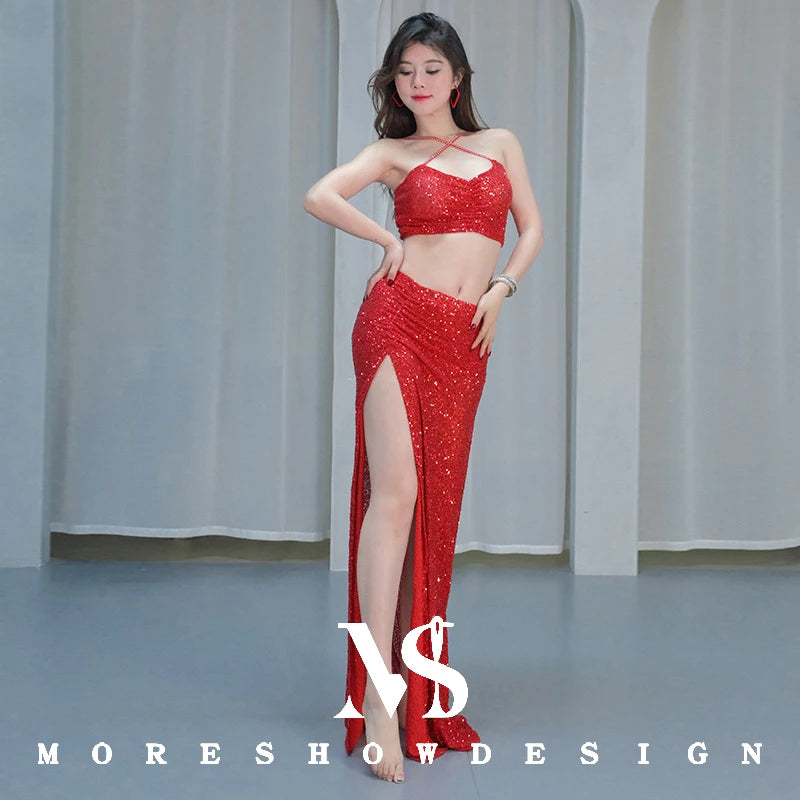 Belly Dance Costumes Set for Women Lotus Leaf Ribbon Dance Wear Top + SKirt Long Sleeve Outfits Stage Performance Clothings Suit