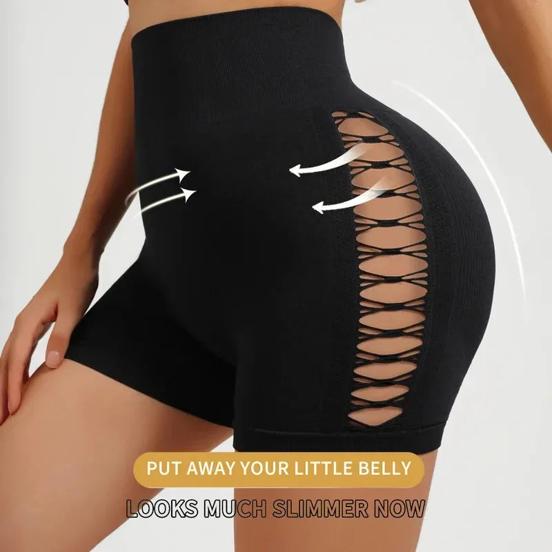 Sexy Side Hollow-out High-Waist Yoga Shorts Seamless Slim Fit Hip-Lifting Gym Sports Outdoor Three-Point High Elasticity