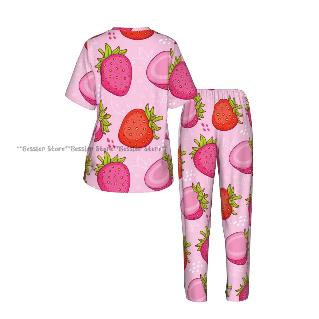 Women's Pink Strawberries short sleeve trousers casual pajamas set
