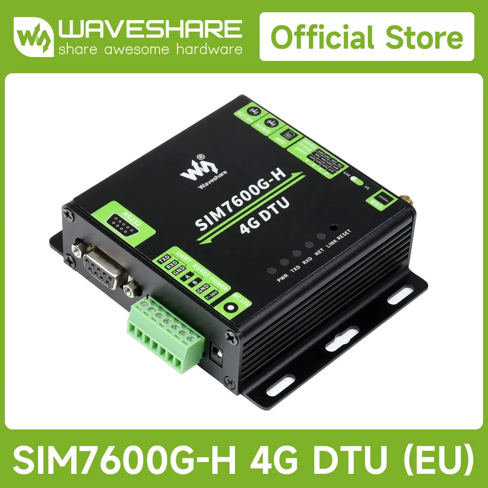 Waveshare Industrial Grade SIM7600G-H 4G DTU, USB UART/RS232/RS485 Multi Interfaces Communication, LTE Global Band Support