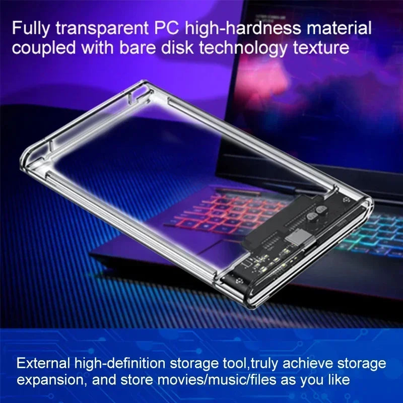 HDD Enclosure 2.5 SATA SSD External Hard Drive Case with 5Gbps USB 3.0 To Type C Transfer Speed Clear Harddisk Box Tool-Free