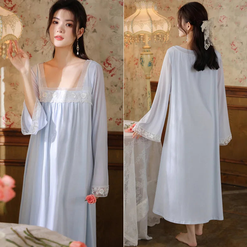 Long Sleeve Nightgown Cotton Spring Square Collar Chinese Style Temperament Sleepwear Breathable and Soft Home Wear Autumn