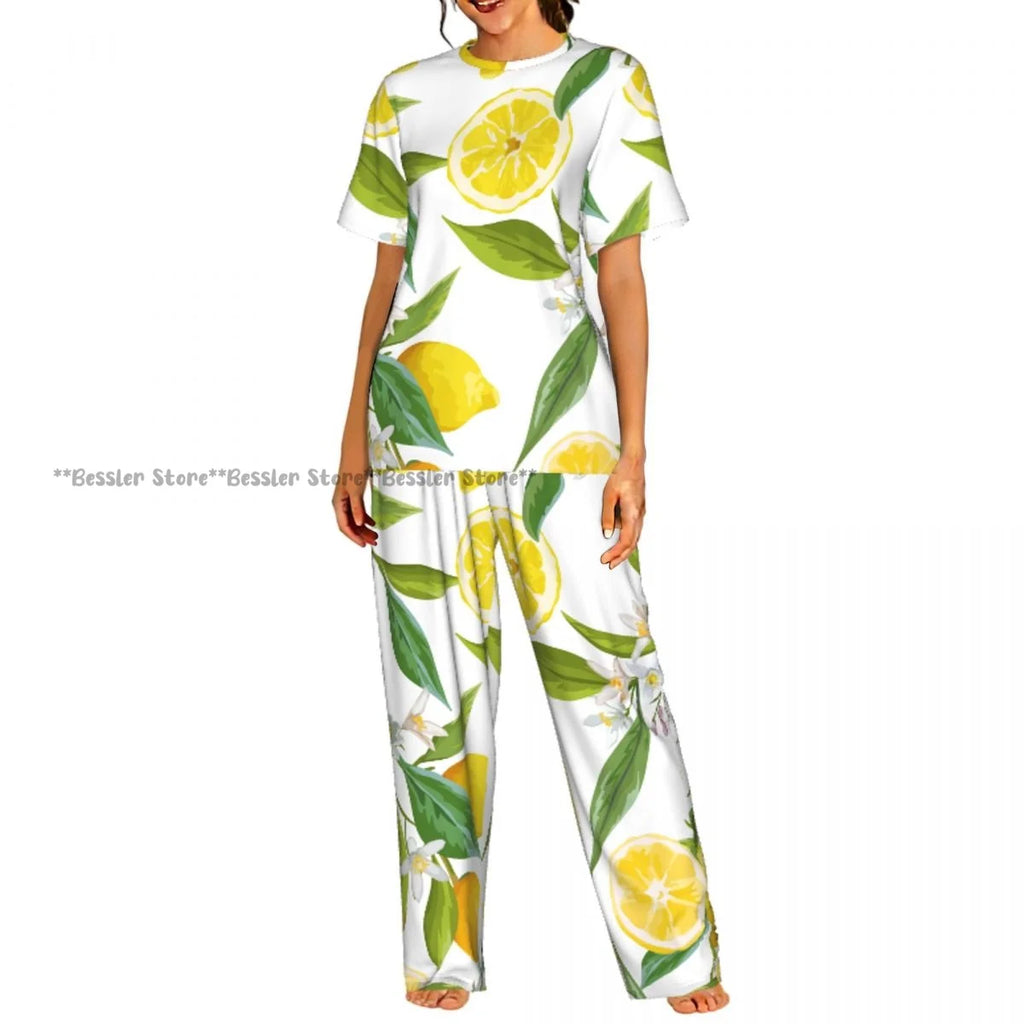 Women's Comfort Pajamas Women's Lemon Leaves Pattern Short Sleeve Set Sleepwear