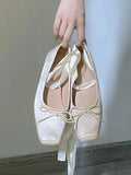 Women's Satin Ribbon Tie Ballet Flats Square Toe Ankle Wrap Lace-Up Shoes Lolita Shoes for Ladies Soft Sole Bow Fashion Footwear