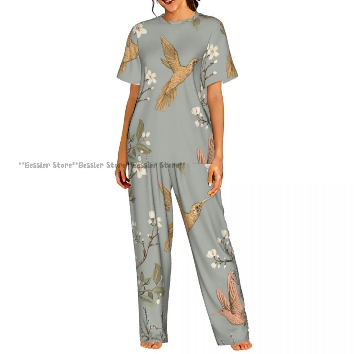 Women's Pajama Set Blue Hydrangeas And Daisies Floral Butterflies Short Sleeve Sleepwear 2 Piece Homewear Loungewear