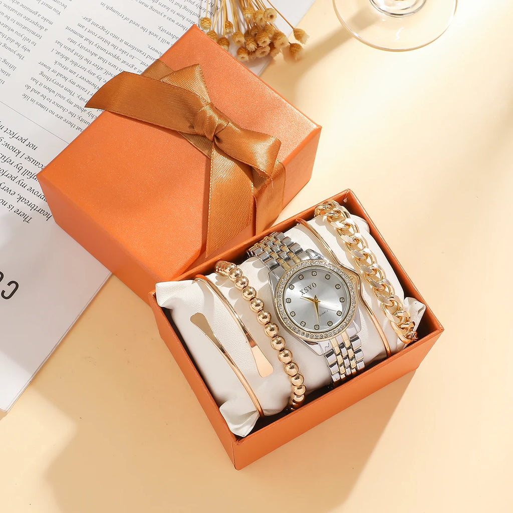 No gift box New style steel strap light luxury fashion quartz wristwatch   pearl string bracelet 5 pieces set