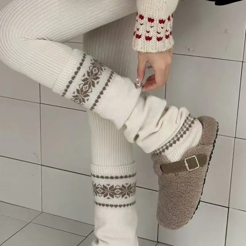 1/6 Pairs Fair Island Autumn/Winter Retro Art Stacked Socks Set Coarse Thread Knitted Snowflake Look Thin Warm Grey Leg Cover