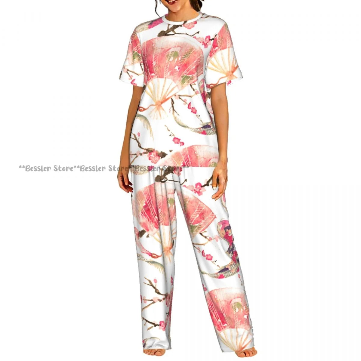 Women's Blossom Cherry Flower Background short sleeve trousers casual pajamas set