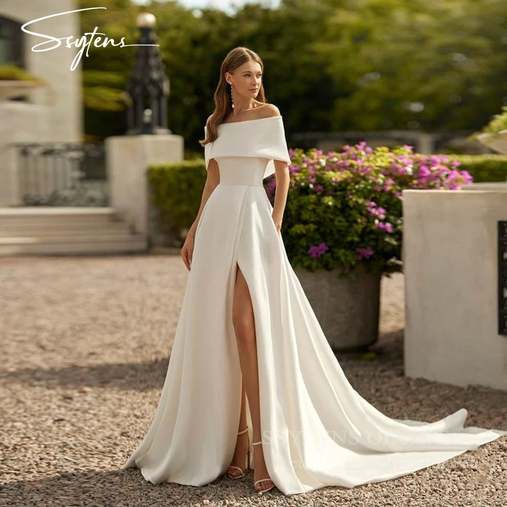 SSYTENS Off Shoulder Long Satin Wedding Dresses Elegant Floor Side Slit A-Line Gown For Bride Customized Boho Vestidos De Novia