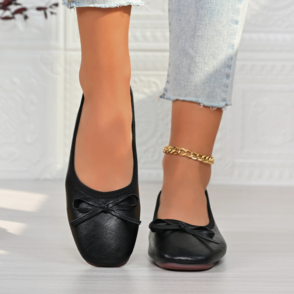 2026 Spring New Bowknot Soft Sole Flats, Small Square Toe Shallow Comfortable Egg Roll Shoes, Versatile Commuter Flat Shoes
